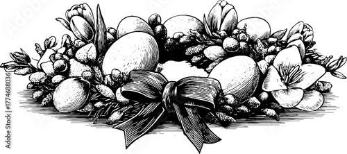 Elegant easter wreath with eggs, flowers, and ribbon bow for seasonal decor