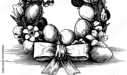 Vintage easter wreath with eggs, flowers, and ribbon bow design for celebrations