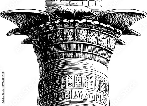 Ancient egyptian column with papyrus capital and hieroglyphics for historical design