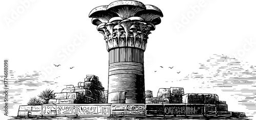 Ancient egyptian papyrus capital column with hieroglyphics - hand-drawn vintage design for historical decor