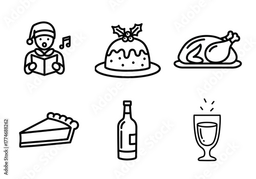 Festive Christmas dinner icons for holiday cheer: Caroler, pudding, roast turkey, pie, wine bottle, champagne glass bring warm wishes for the season