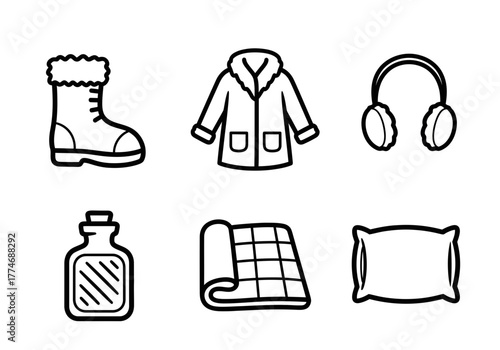 Winter essentials collection, cozy coat, warm boots, comfy pillow, soft blanket, fragrant aromatherapy, snug earmuffs, perfect for hibernation and relaxation