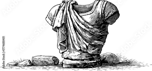 Ancient torso statue with broken arms - vintage engraving for design and decor