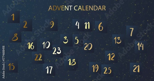 Christmas advent calendar. Christmas advent calendar sheets with number of day of december against dark background with golden snow. Christmas 4K video graphic animation