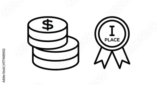 Vector illustration of a stack of coins with a dollar sign and a first place ribbon, representing success, achievement, and financial reward