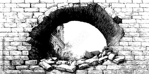 Vintage engraved fragment of brick wall with partial arch and cracks for historical designs