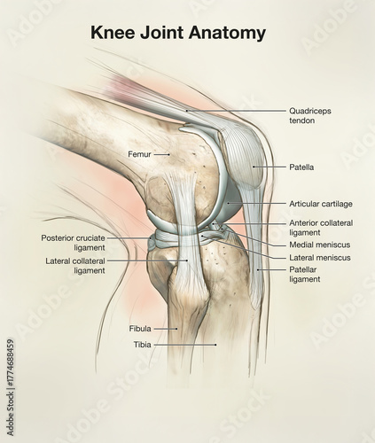 Knee Joint Anatomy. Side View. Illustration. Labeled