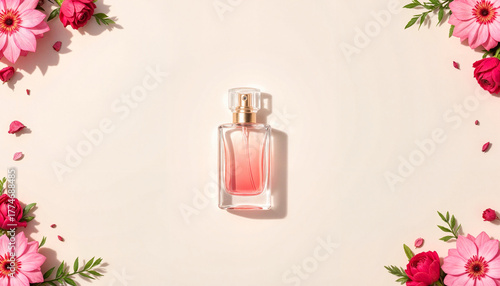 Elegant perfume bottle surrounded by colorful flowers on a soft background