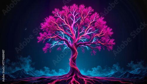 Vibrant neon tree with luminous branches and glowing roots in a mystical landscape