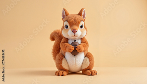 Cute plush squirrel holding an acorn against a soft beige background