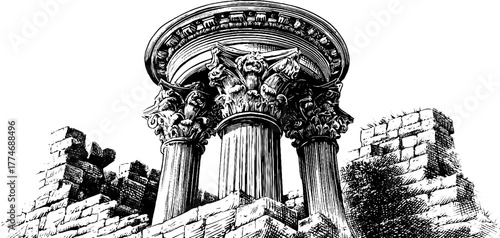 Vintage architectural engraving: antique arch and columns sketch for design