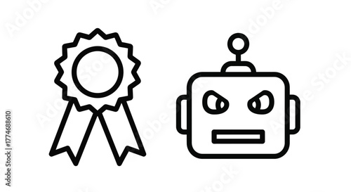 Vector illustration of a rosette and a robot head, representing artificial intelligence, robotics, and technological achievement