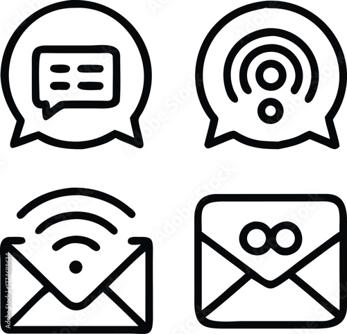 Collection of communication and network icons featuring email chat and wi fi symbols isolated on white background.