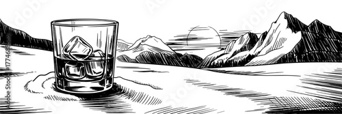 Black and white hand-drawn illustration showing a glass of whiskey with ice cubes placed in front of snowy mountains and open scenery.
