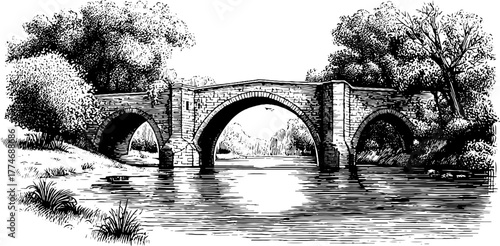 Gothic bridge arch with detailed masonry and reflections in vintage engraving style