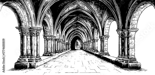 Gothic cloister archway with pointed details - vintage architectural design