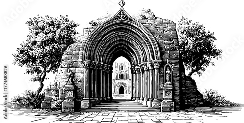 Gothic cathedral portal with sculptural tympanum - vintage engraving for historical architecture design