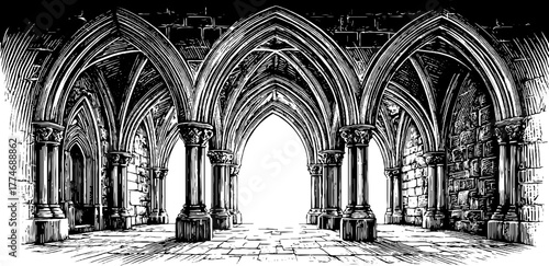 Gothic cloister arches with intricate pointed details in vintage engraving style