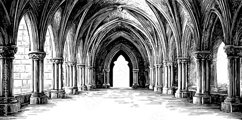 Gothic cloister with engraved pointed arch details for architectural design