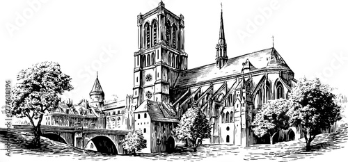 Gothic cathedral with detailed flying buttress and masonry texture in vintage engraved style