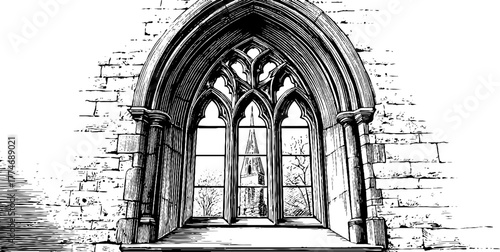 Gothic pointed arch window with stone tracery - vintage architectural sketch for design