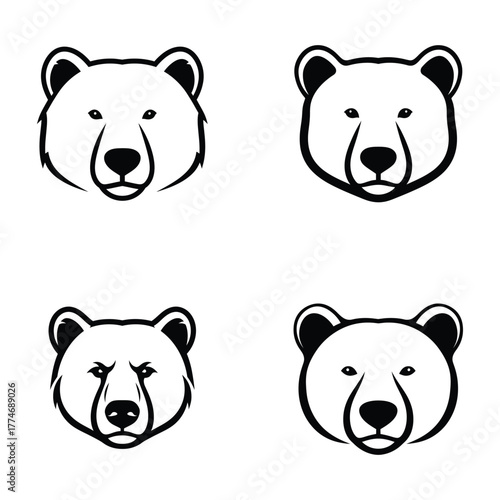 A set of four monochrome bear head illustrations. Clean and modern vector icons of a wild grizzly or polar bear face for a logo design