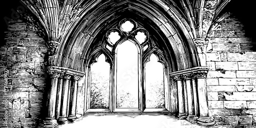 Intricate gothic pointed arch window with tracery and stone detailing for architectural design and decor