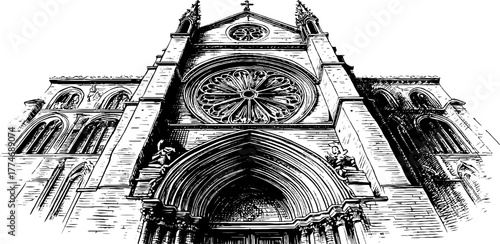 Detailed engraving of gothic cathedral rose window with circular tracery design for architectural study
