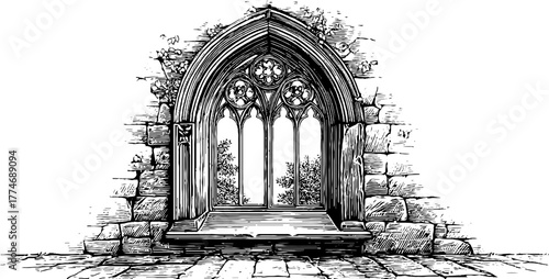 Gothic window frame with stone tracery and floral patterns for vintage design