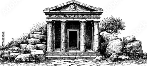 Ancient greek temple doorway with fluted columns and simple lintel engraving