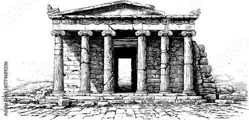 Detailed engraving of ancient greek temple doorway with fluted columns for historical design