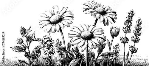 Vintage herbal arrangement with chamomile and mint leaves - hand-drawn botanical etching for design