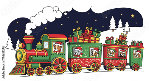Delightful Christmas train carrying adorable bears and festive gifts through a snowy winter wonderland, perfect for holiday cheer and joyful celebrations