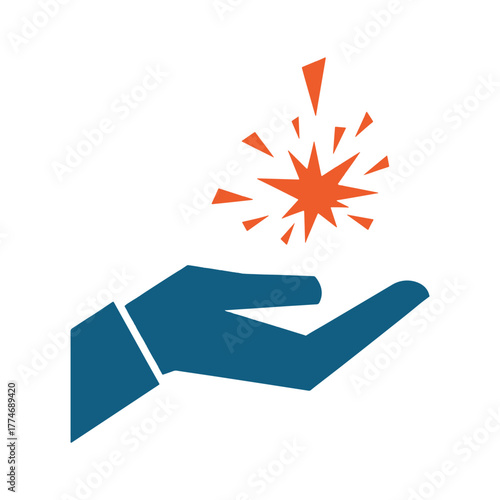 Blue hand holding orange starburst explosion graphic element vector