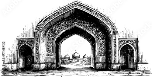 Intricate islamic arch with geometric patterns and ornamental engravings for design and decoration purposes