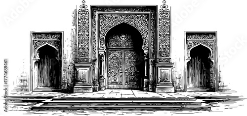 Intricate islamic pointed arch doorway with muqarnas decoration for architectural design