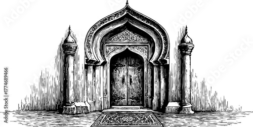 Islamic pointed arch doorway with muqarnas decoration - architectural engraving design for ornamental art