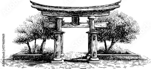 Engraved japanese torii gate with curved top beam - vintage hand drawn illustration for cultural design
