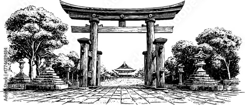 Vintage engraving of japanese torii gate with curved top beam surrounded by trees for cultural design