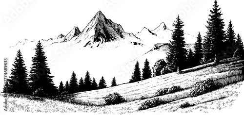 Serene mountain landscape with forest and rolling hills in vintage engraving style for design