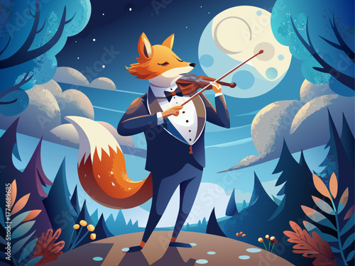 A charming fox in a classy tuxedo plays the violin under moonlight, blending grace, mystery, and timeless artistry