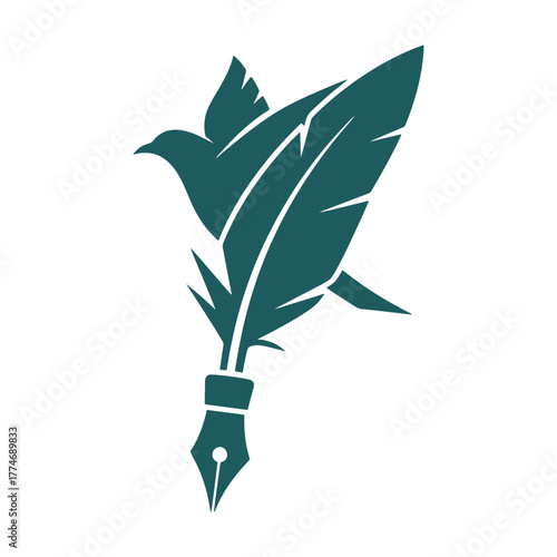 Teal bird shaped quill pen with feather wings and nib vector
