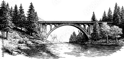 Vintage engraved landscape vignette featuring river bridge and forest scenery