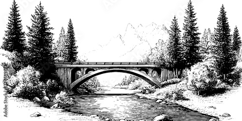 Engraved landscape vignette river bridge trees mountains vintage sketch hand drawn engraving illustration. Classic tranquil nature scenery with detailed picturesque countryside artistry.
