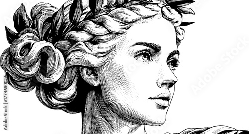 Classical engraved marble bust of woman with braided hair in vintage style for artistic design