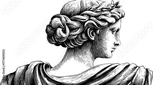 Classical marble bust of woman with braided hair - vintage engraving art for design