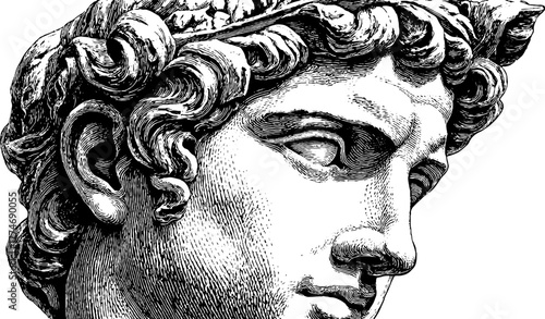 Engraved marble bust classical male figure curly hair vintage sketch hand drawn engraving illustration. Antique sculpture art with detailed roman portrait and elegant historical aesthetics.
