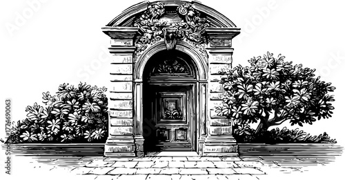 Engraved marble doorway arch floral carvings antique design print poster vintage sketch hand drawn engraving illustration. Ornate classical architecture with elegant stone craftsmanship and foliage.
