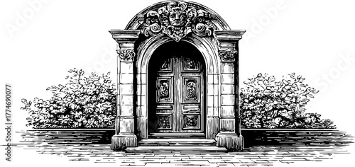 Antique marble doorway with arch and floral carvings - vintage architectural design for decorative use