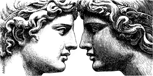 Classical marble relief of intertwined figures engraved in vintage style for artistic design